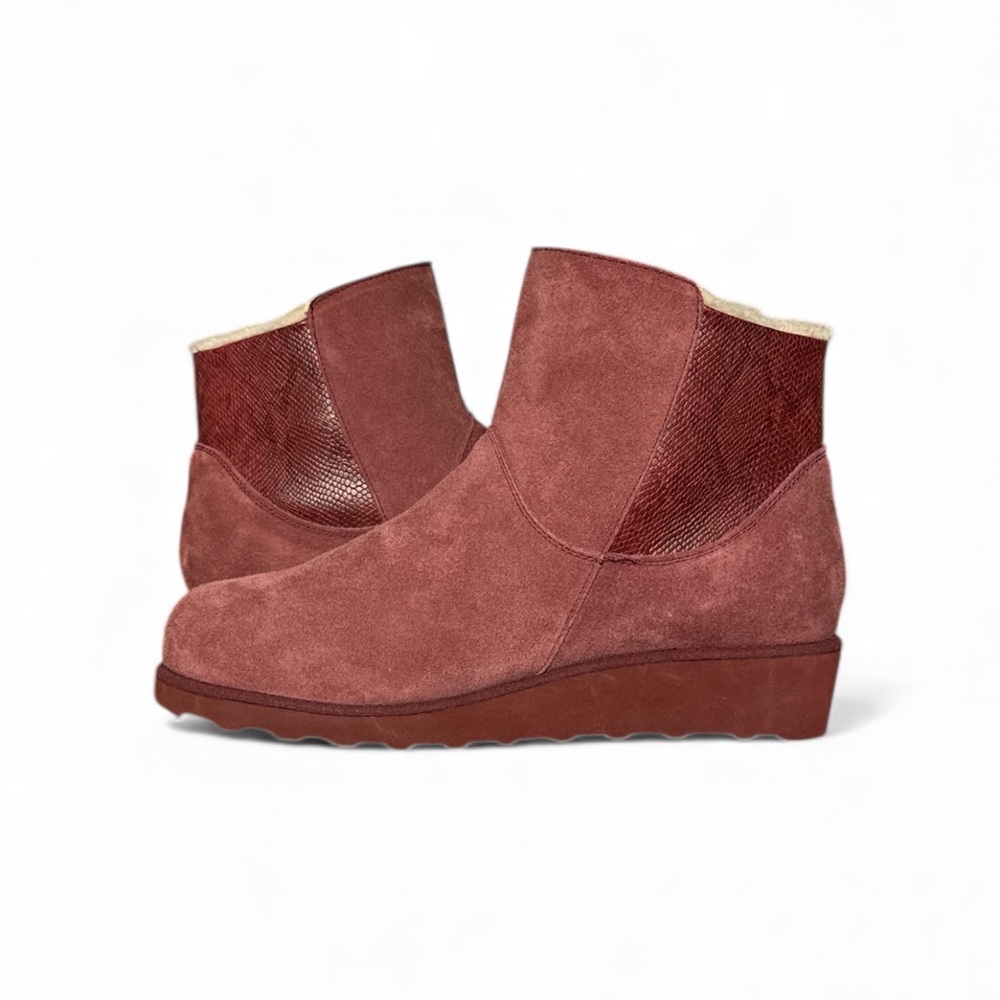 NWT BEARPAW MEGAN BEET SUEDE SHEEPSKIN WEDGE ANKLE BOOTS WATER REPELLENT SIZE 12 - Picture 6 of 15